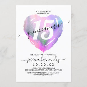 Invitation Balloon Coeur Holographique Blanc Quinceañera