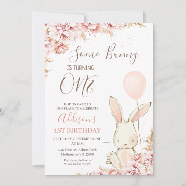 Invitation Balloon de Bunny Boho Blanc 1er anniversaire (Devant)
