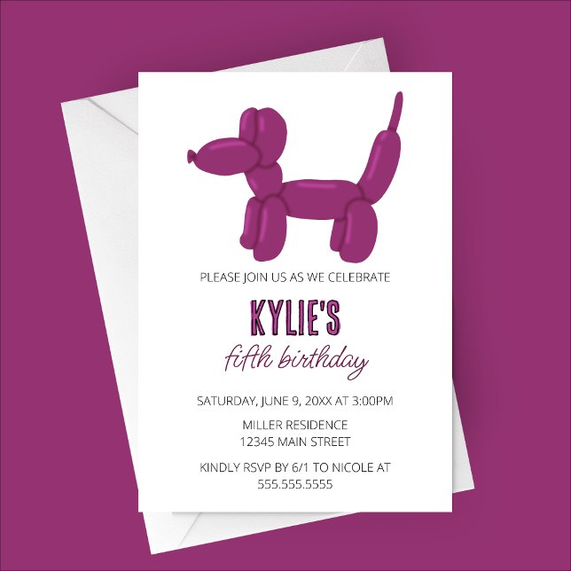 Invitation Balloon de chien pourpre fête d'anniversaire anima (Purple Dog Balloon Animal Birthday Party Invitation)