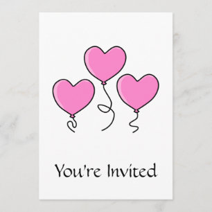 Invitation Balloon de coeur rose avec contour noir.