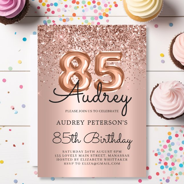 Invitation Balloon de Parties scintillant or Rose élégant 85e (Créateur téléchargé)