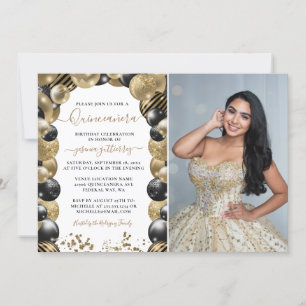 Invitation Balloon de Quinceanera Black Gold Photo Invit