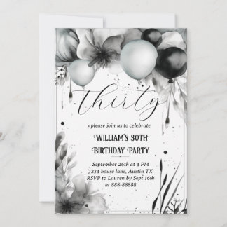Invitation Balloon floral noir et blanc 30e anniversaire