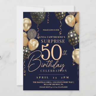 Invitation Balloon Gold & Blue 50th Photo Anniversaire