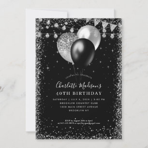 Invitation Balloon gris argenté noir éclaire à tout âge Anniv