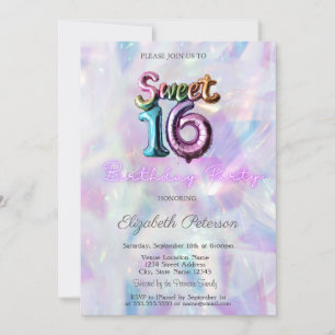 Invitation Balloon Holographique moderne Sweet 16