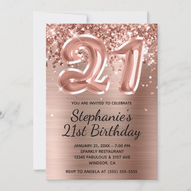 Invitation Balloon or Rose de Glittery 21e anniversaire (Devant)