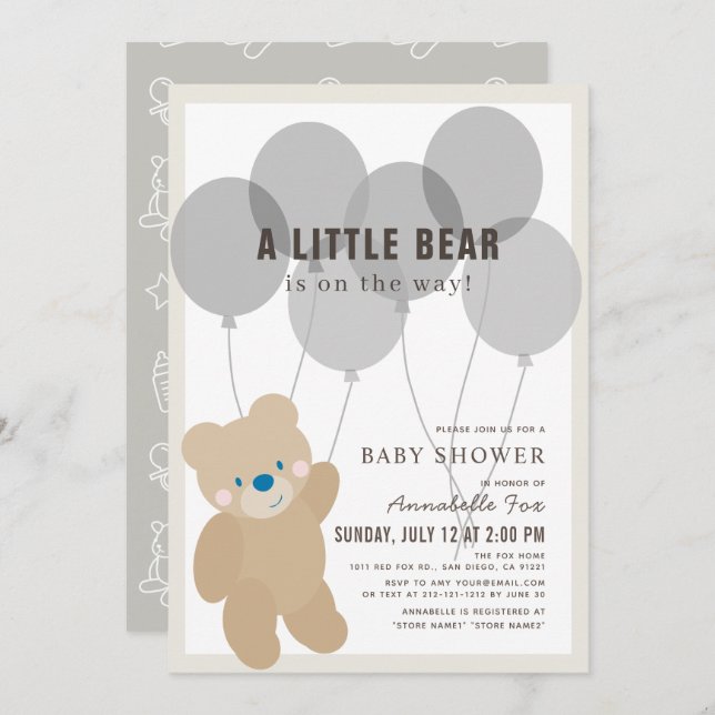 Invitation Balloon Ours Teddy Baby shower neutre (Devant / Derrière)