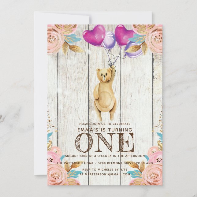 Invitation Balloon Ours Teddy Premier Anniversaire Rustique (Devant)