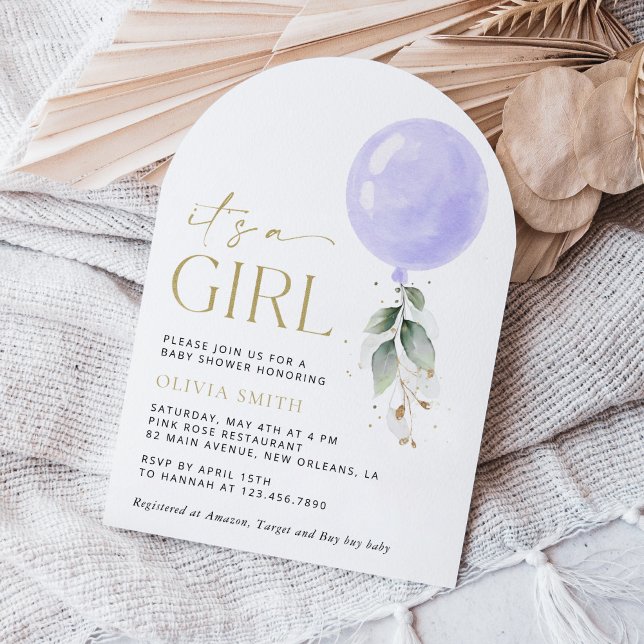Invitation Balloon pourpre, Eucalyptus, Verdure, Baby shower (Créateur téléchargé)