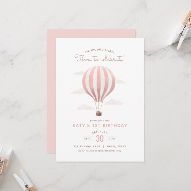 Invitation Balloon rose chaud Fille Anniversaire (Devant/Arrière en situation)