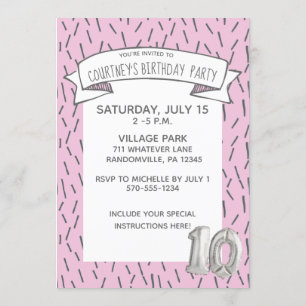 Invitation Balloon rose et gris Filles 10e anniversaire