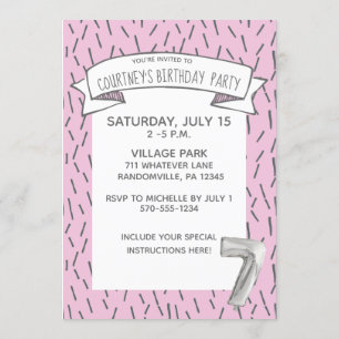 Invitation Balloon rose et gris Filles 7e fête d'anniversaire