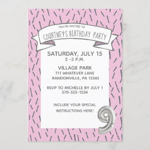 Invitation Balloon rose et gris Filles 9e fête d'anniversaire