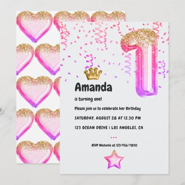 Invitation Balloon rose et or princesse 1er anniversaire (Devant / Derrière)