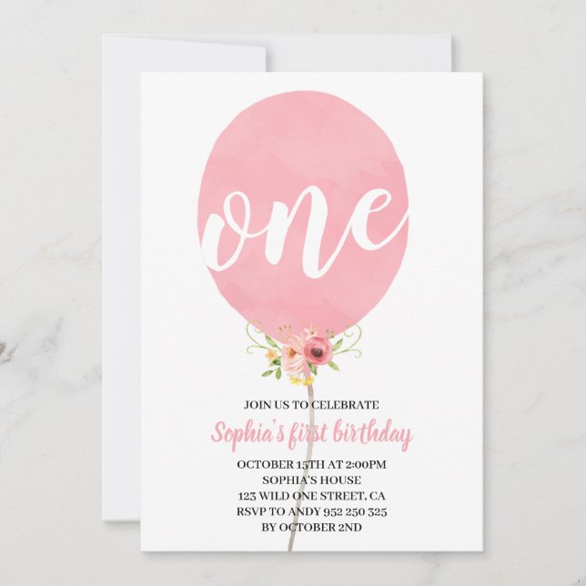 Invitation Balloon rose Fille premier anniversaire (Devant)