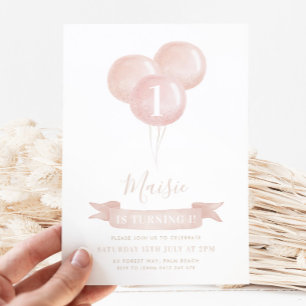 Invitation Balloon rose Filles 1er Anniversaire Fête Jolie