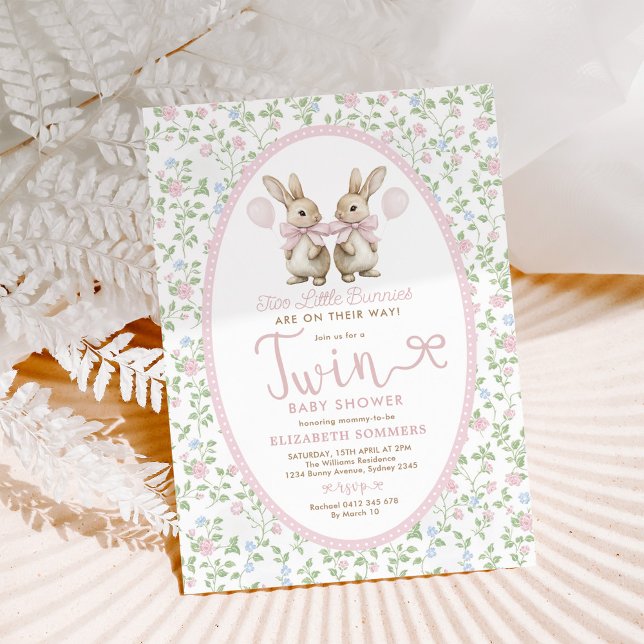 Invitation Balloon rose Floral Bunny Twin Baby shower fille j (Créateur téléchargé)
