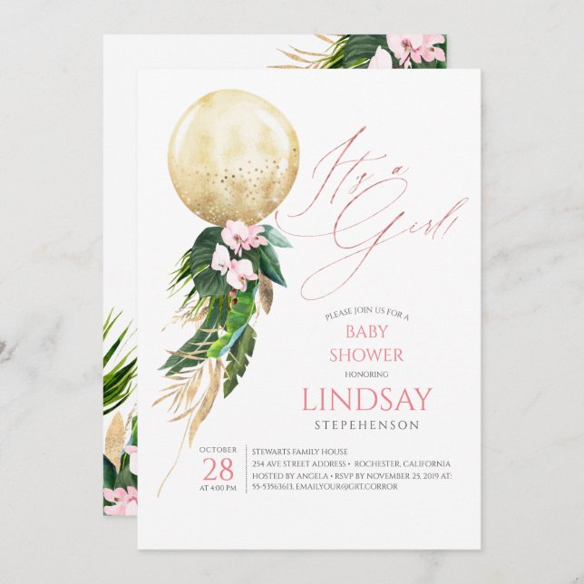 Invitation Balloon rose Floral or Baby shower Tropical mignon (Devant / Derrière)
