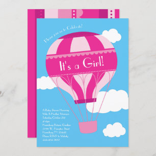 Invitation Balloon rose Hot Air Girl Baby Shower Vintage