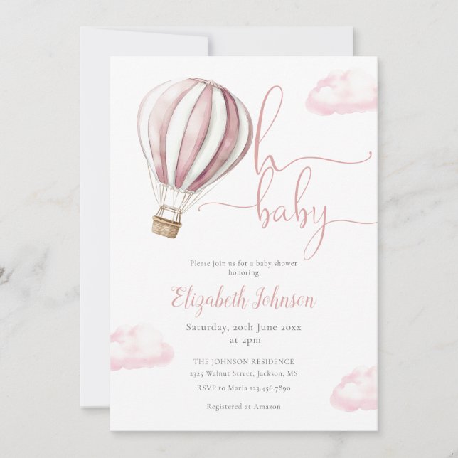 Invitation Balloon rose Hot Air Girl tout en un Baby shower (Devant)