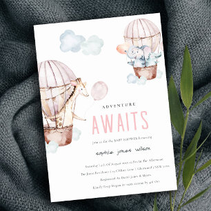 Invitation Balloon Rose Hot Air Safari Animaux Baby shower Da