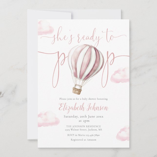 Invitation Balloon rose Pop Fille tout en un Baby shower (Devant)