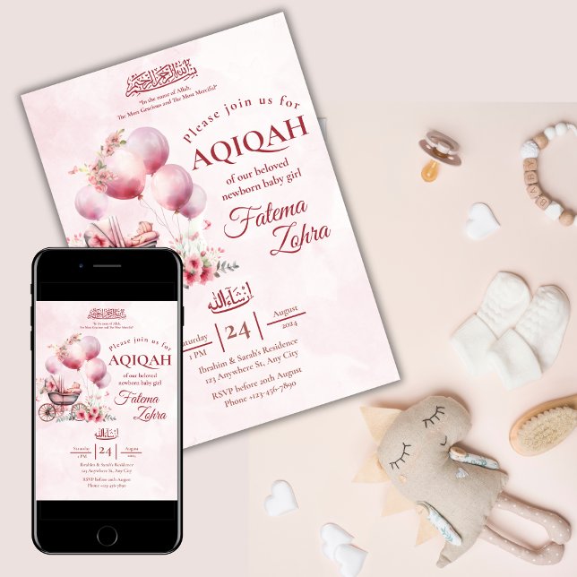 Invitation Balloon rose poussette bébé fille musulmane Aqiqah (Créateur téléchargé)