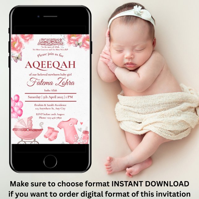 Invitation Balloon rose poussette bébé fille musulmane Aqiqah (Créateur téléchargé)