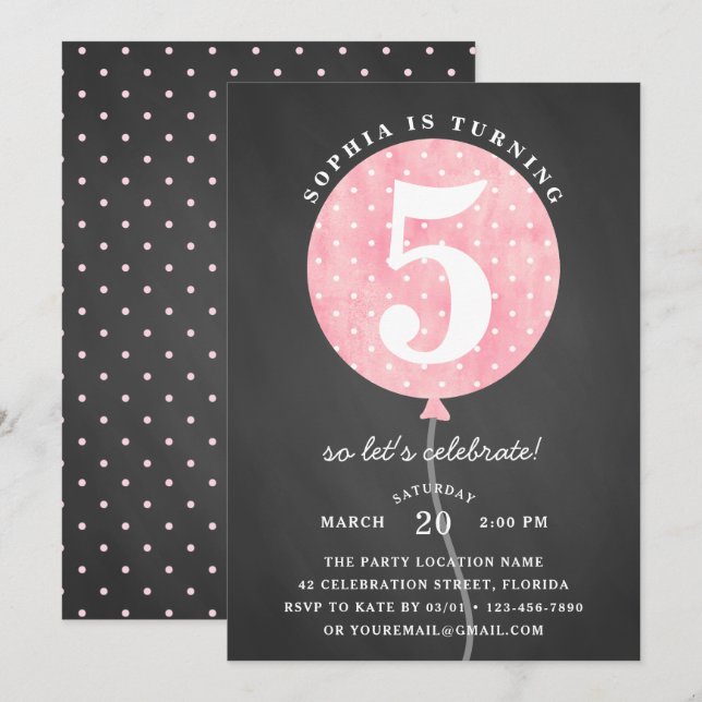 Invitation Balloon rose Rustique Noir Chalkboard Anniversaire (Devant / Derrière)