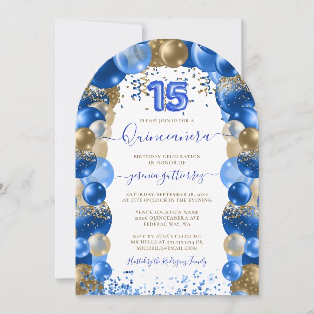 Invitation Balloon Royal Blue Gold Sparkle Quinceañera (Devant)