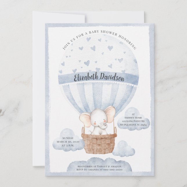 Invitation Balloon rustique Elephant Garçon Baby shower bleu (Devant)