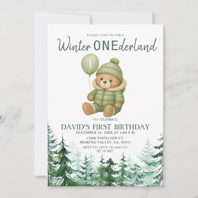 Invitation Balloon vert hiver ONE derland fête d'anniversaire (Devant)
