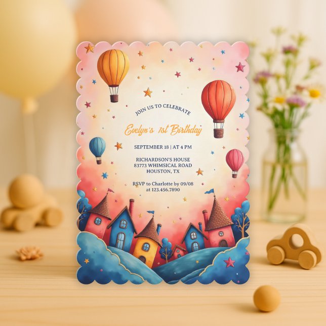 Invitation Balloon Whimsical Hot Air 1er anniversaire (Whimsical Hot Air Balloon 1st Birthday Invitation)