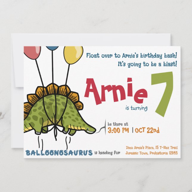 Invitation Balloonosaurus Fête d'anniversaire ! Stégosaure (Devant)