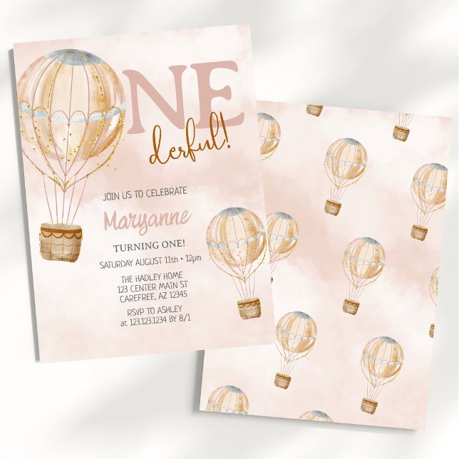 Invitation Balloons à Air Chaud Rose Boho 1er Anniversaire (Créateur téléchargé)