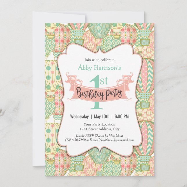 Invitation Balloons à air chaud rose et Aqua Anniversaire (Devant)