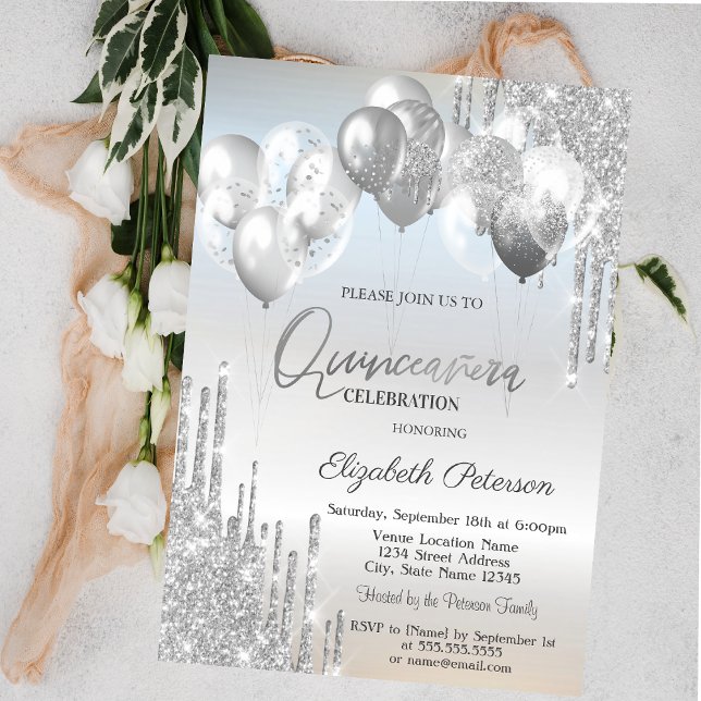 Invitation Balloons à paillettes argentées de style chic  (Créateur téléchargé)