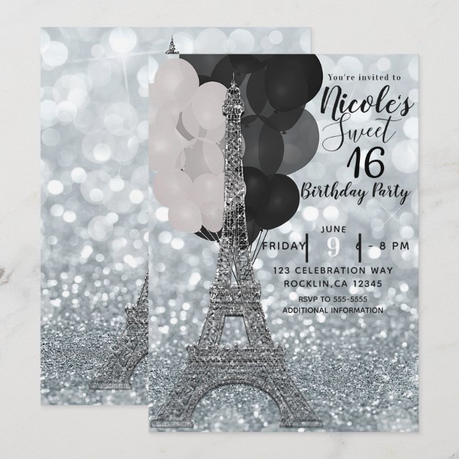 Invitation Balloons à paillettes argentées Tour Eiffel Douze  (Devant / Derrière)