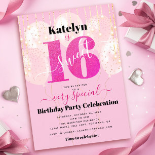 Invitation Balloons Anniversaire 16 Ans Fille Paillettes Rose