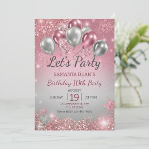 Invitation Balloons Anniversaire Gouttes de Paillettes Argent