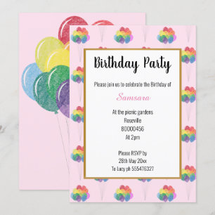 Invitation Balloons arc-en-ciel ROSE PLUSIEURS Anniversaires