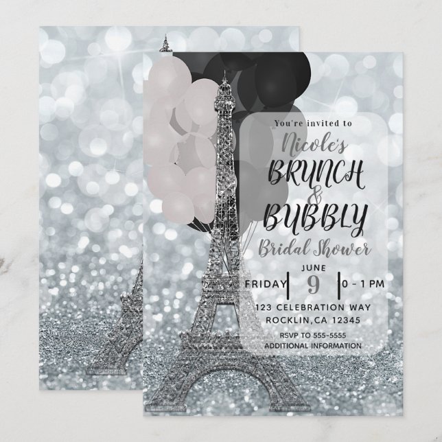 Invitation Balloons Argent Pailleté Blanc Noir Tour Eiffel (Devant / Derrière)