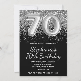 Invitation Balloons Argent Pailleté Noir 70ème Anniversaire