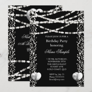 Invitation Balloons Argent Pailletés Faux Feuille Noirs Anniv