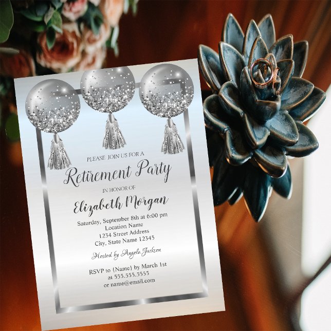 Invitation Balloons argentés chic, cadre, retraite   (Créateur téléchargé)