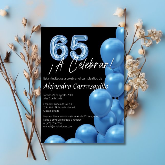 Invitation Balloons Bleus Amusants Espagnols Anniversaire 65  (Créateur téléchargé)