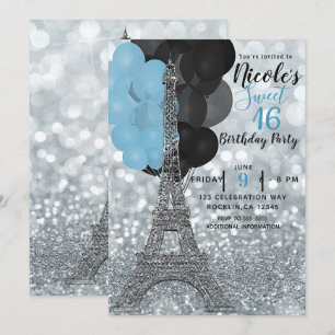Invitation Balloons Bleus avec Paillettes d'Argent Tour Eiffe