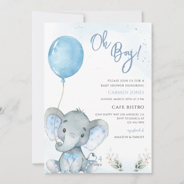 Invitation Balloons Bleus Éléphant Garçon Baby Shower (Devant)