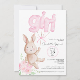 Invitation Balloons Bunny Aquarelle Floral Girl Baby shower